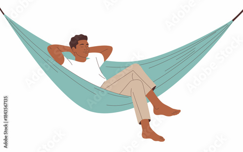An illustration of a relaxed man lounging comfortably in a hammock, embodying tranquility and leisure, perfect for imagery depicting relaxation and peace.