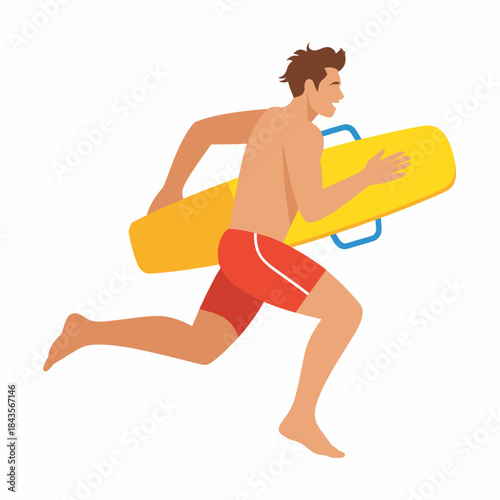 A lifeguard is seen sprinting with a bright yellow rescue board, demonstrating readiness and vigilance at the beach, emphasizing the importance of safety and rescue in water activities.