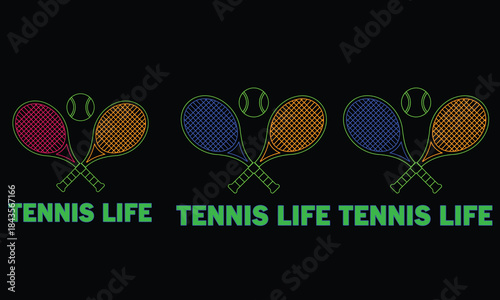 Tennis rackets and balls design with tennis life text