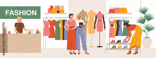 Inside a vibrant fashion boutique, stylish models showcase trendy outfits and fashion accessories while a cashier assists in a colorful and modern retail environment.