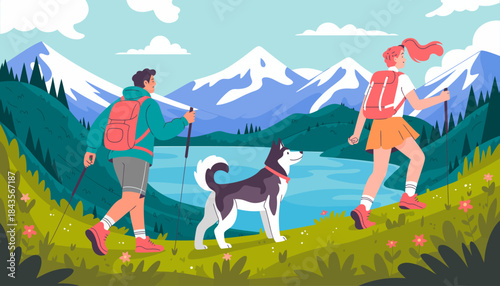 A vibrant outdoor scene depicting two hikers and a dog trekking through picturesque mountains, showcasing adventure, nature, and companionship in a colorful and lively illustration.