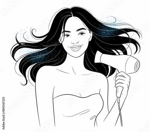 A cheerful young woman stylishly dries her hair with a hair dryer, radiating positivity and beauty, while her hair flows gracefully around her in this modern and engaging illustration.