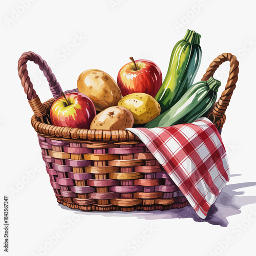 A beautifully illustrated basket filled with fresh vegetables, including round apples and zucchini, showcasing the bounty of nature and promoting healthy eating.