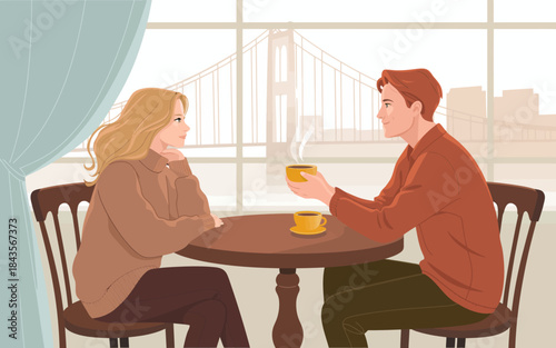 A romantic scene depicting a couple enjoying coffee and conversation in a cozy café setting, with a backdrop of an iconic bridge, enhancing the intimate atmosphere.