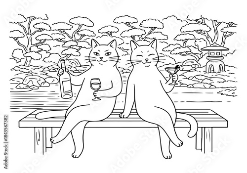 Two happy cats enjoying drinks on a bench in a serene Japanese garden, line art for coloring.