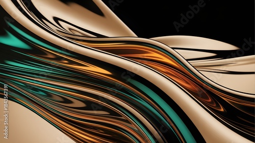 Wallpaper Mural Abstract flowing metallic liquid waves with teal and gold Torontodigital.ca