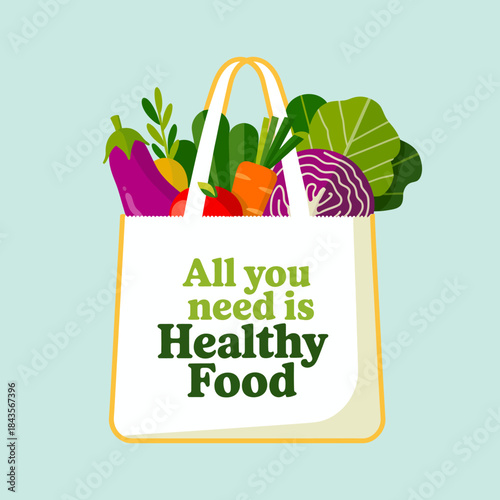 A stylish tote bag filled with an assortment of fresh, colorful vegetables, promoting healthy eating choices and a nutritious lifestyle, emphasizing well-being and vitality.