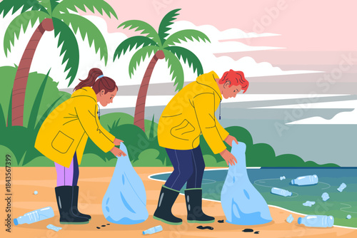 Two individuals in yellow raincoats pick up plastic bottles along a vibrant beach under palm trees, promoting environmental awareness and community engagement.