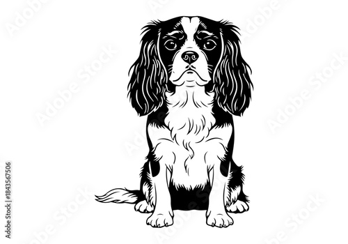 A detailed black and white illustration of a Cavalier King Charles Spaniel dog sitting attentively and looking directly forward.