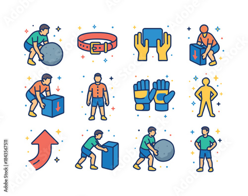Colorful Heavy Lifting Icons. Heavy lifting. Colorful isometric