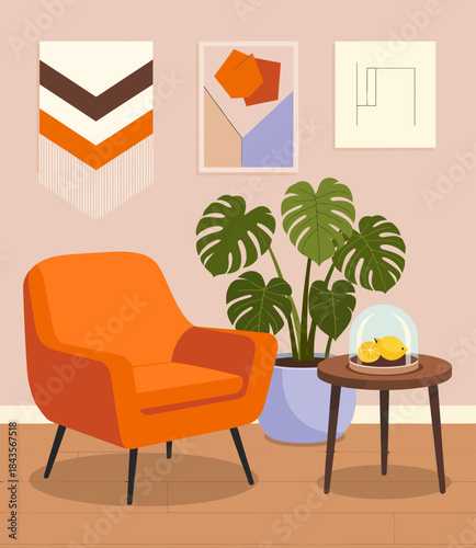 A cozy orange chair and a potted Monstera plant complement the minimalist decor of this stylish living room, embodying comfort and modern design aesthetics.