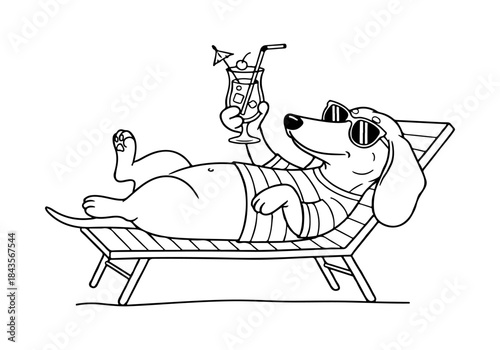 A cartoon dachshund dog wearing sunglasses and a striped shirt, relaxing on a lounge chair and holding a tropical cocktail drink.