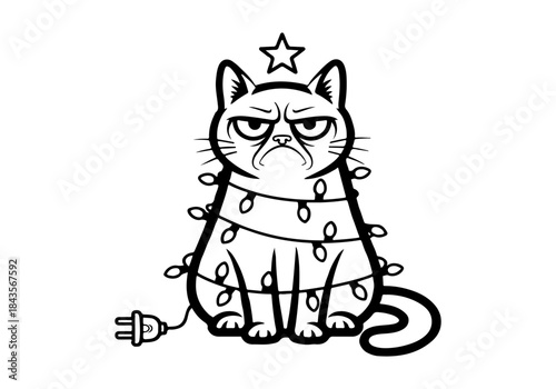 Grumpy cat decorated as a Christmas tree with lights and a star on its head.