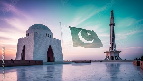 Pakistan Flag Waving Near Historic Monument at Sunrise