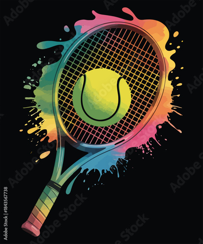 Colorful watercolor splash tennis racket and ball sport design