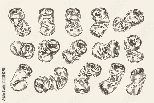 Hand-drawn vector set of various crumpled aluminum cans and soda containers, illustrating pollution and recycling concepts in a detailed sketch style for environmental graphics.