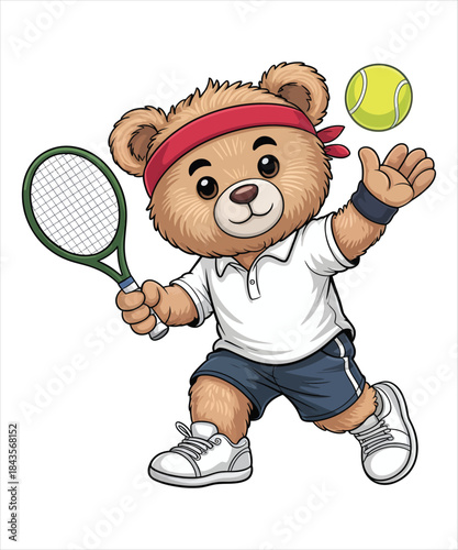 Cute teddy bear playing tennis with racket and ball