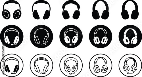 Large collection of various black and white headphone and headset icons, symbols, and silhouettes perfect for technology, audio, communication, and music concepts.