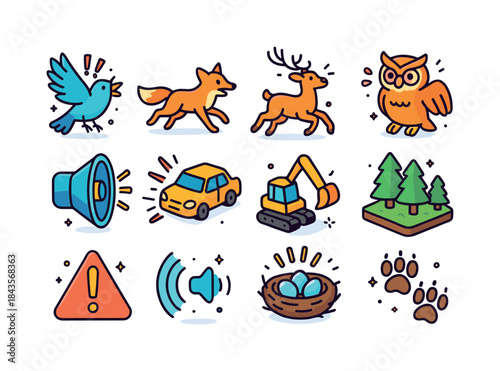 Wildlife Disturbance Icons. wildlife disturbance. Colorful isome