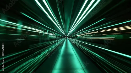 Fast train moving through futuristic tunnel with light trails