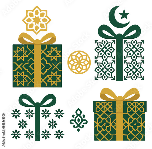 Ultimate Vector Collection of Islamic Gift Boxes for Eid al-Fitr, Ramadan, and Muslim Holiday Celebrations. Decorative Presents with Arabesque Geometric and Floral Patterns in Green and Gold.