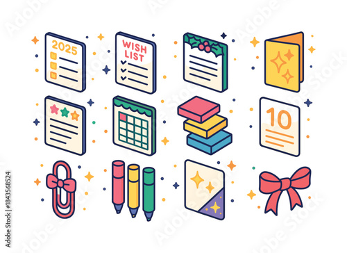 Colorful New Year Icons. New year notes. Colorful isometric vect