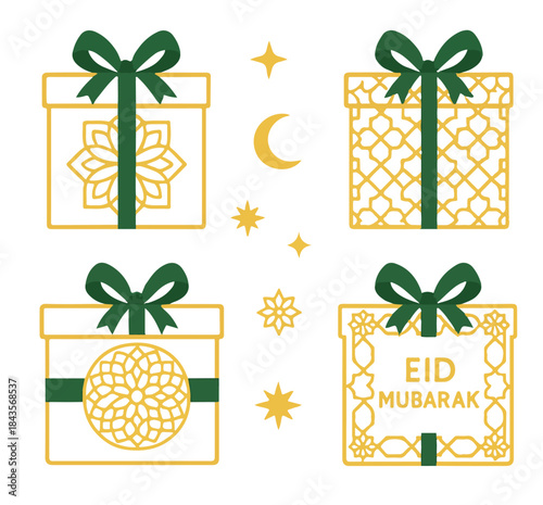 Ultimate Vector Set of Islamic Gift Boxes for Eid al-Fitr, Ramadan, and Muslim Holiday Celebrations. Decorative Presents with Arabesque Geometric Patterns in Green and Gold.