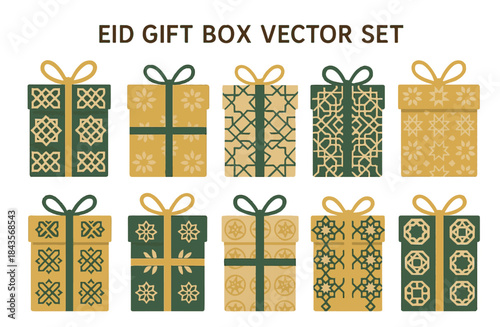 Mega Set of Islamic Gift Boxes Vector Collection for Eid al-Fitr, Ramadan, and Muslim Holiday Celebrations. Green and Gold Arabesque Geometric Pattern Presents.