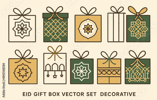 Islamic Gift Box Vector Set for Eid al-Fitr, Ramadan, and Muslim Holidays. Decorative Presents Collection with Arabesque and Geometric Patterns in Green and Gold.