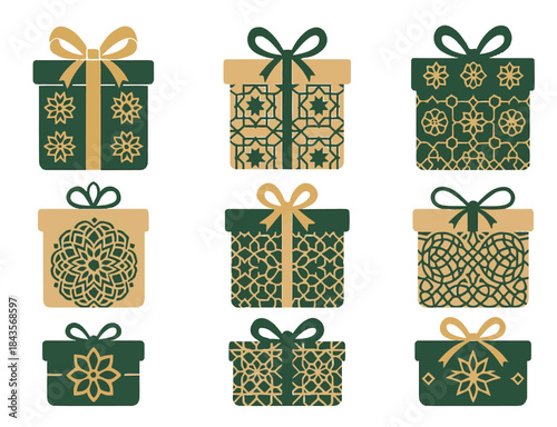 Eid al-Fitr or Ramadan Gift Boxes Vector Set with Islamic Geometric and Floral Patterns. Arabesque Design Template for Celebration Presents.