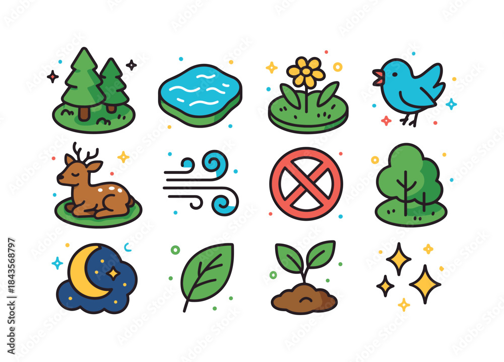 Fototapeta premium Quiet Habitat Icons. quiet habitats. Colorful isometric vector i