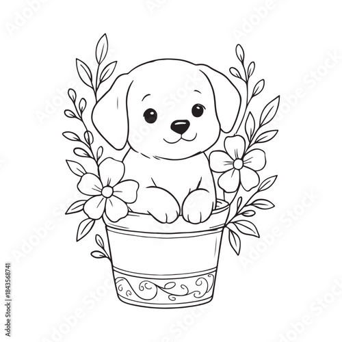 Charming Puppy Peeking From a Flower Pot A Whimsical Coloring Page Illustration