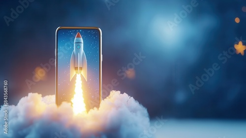 Smartphone displaying rocket launching from cloud, representing digital startup, fast and growth, mobile technology success