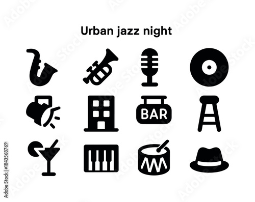 Urban Jazz Icons. Urban jazz night. Solid icon set of urban jazz