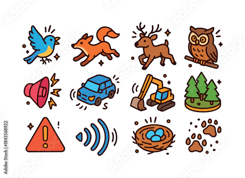 Wildlife Disturbance Icons. wildlife disturbance. Colorful isome