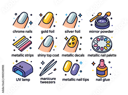 Colorful Metallic Nail Icons. Metallic Nails. Colorful isometric