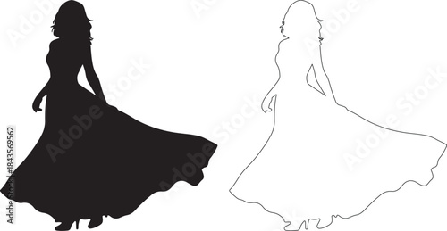 Isolated Vector Silhouette and Outline of Elegant Woman in Flowing Long Dress isolated PNG with Transparent Background