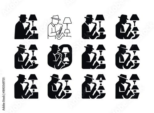 Jazz Saxophone Logos. a jazz musician playing a saxophone in a d