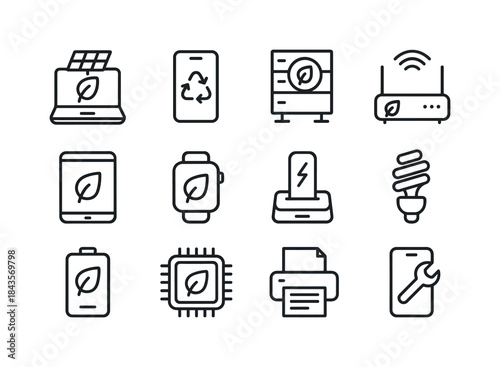 Sustainable Tech Icons. Sustainable Electronics. Line icon set o
