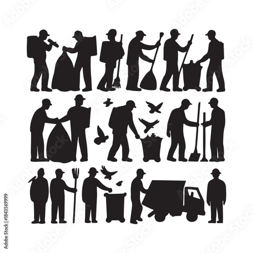 Sanitation workers cleaning street silhouettes with broom and trash bin