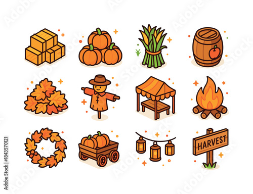 Colorful Fall Festival Icons. Fall Festival. Colorful isometric