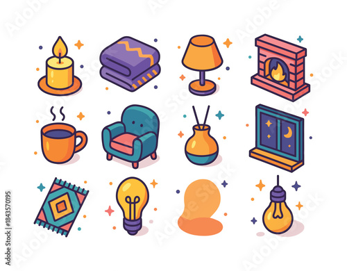 Cozy Ambiance Icons. cozy ambiance. Colorful isometric vector ic