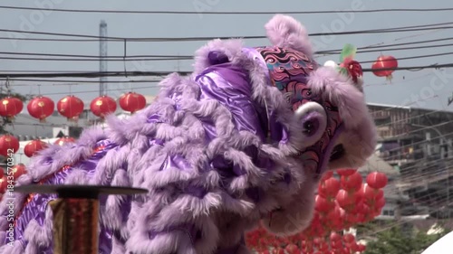 Chinese lion dance performing, Slow motion.