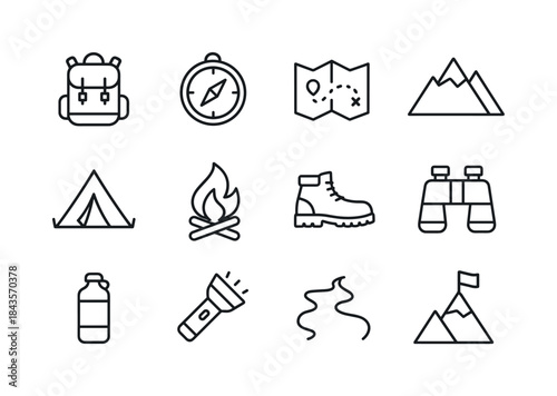 Adventure Icon Set. Adventure. Line icon set of Adventure: backp