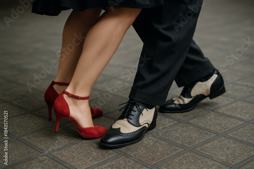 Close-up of dancing couple's legs in elegant shoes on tiled floor, concept of romance, elegance, connection and classic style in motion. Ai generative