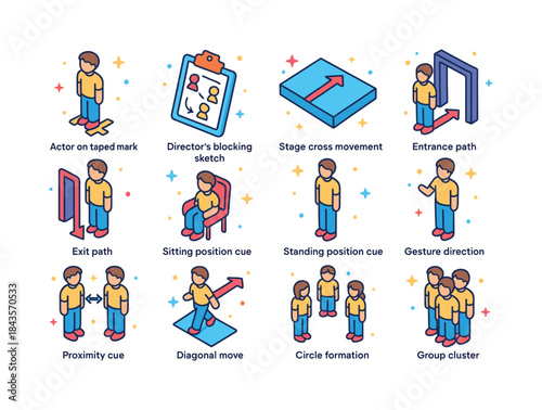 Stage Blocking Icons. Stage blocking. Colorful isometric vector