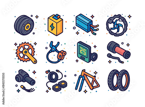E-Bike Components Icons. E-bike components. Colorful isometric v