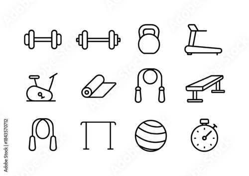 Workout Equipment Icons. Workout equipment. Line icon set of wor