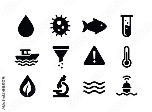 Algal Bloom Control Icons. Algal bloom control. Solid icon set o