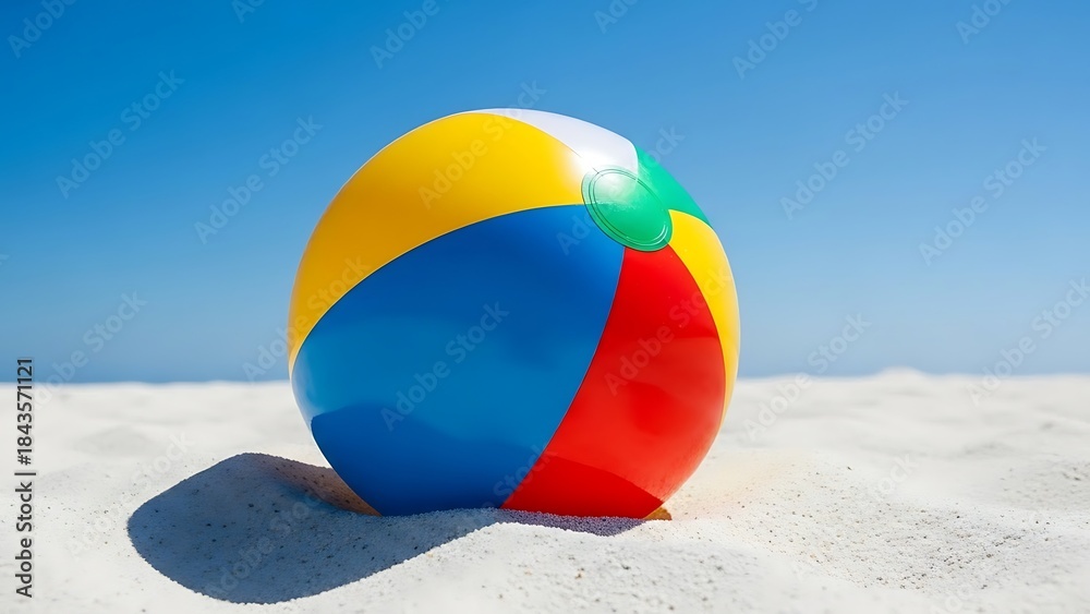 Obraz premium A colorful beach ball resting on pristine white sand under a clear blue sky, with the ocean in the background